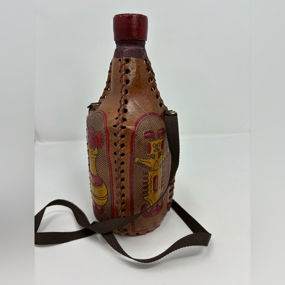 Vintage Columbia Decanter Leather Hand Tooled Empty Bottle Flask With Cap Strap - Picture 4 of 16